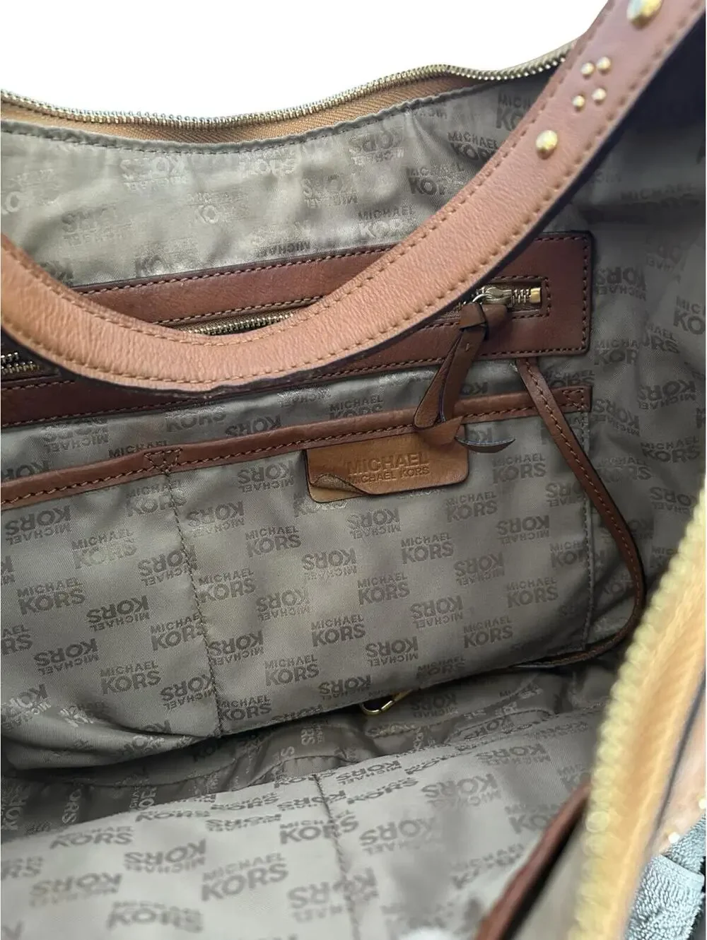 Michael Kors Brown Leather Studded Hobo Shoulder Bag Large Brass‎ Hardware